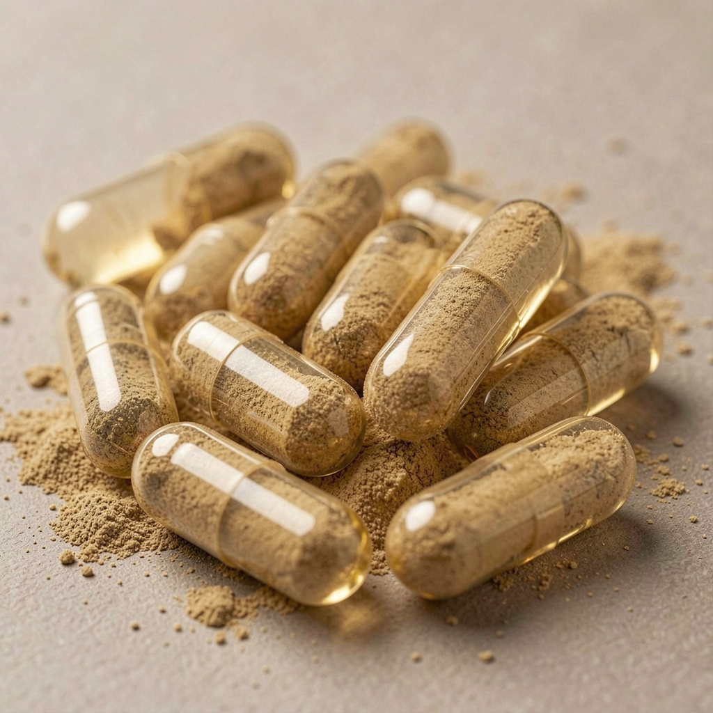 Premium vegan capsules filled with botanical extract powder, showing transparent quality and natural ingredients