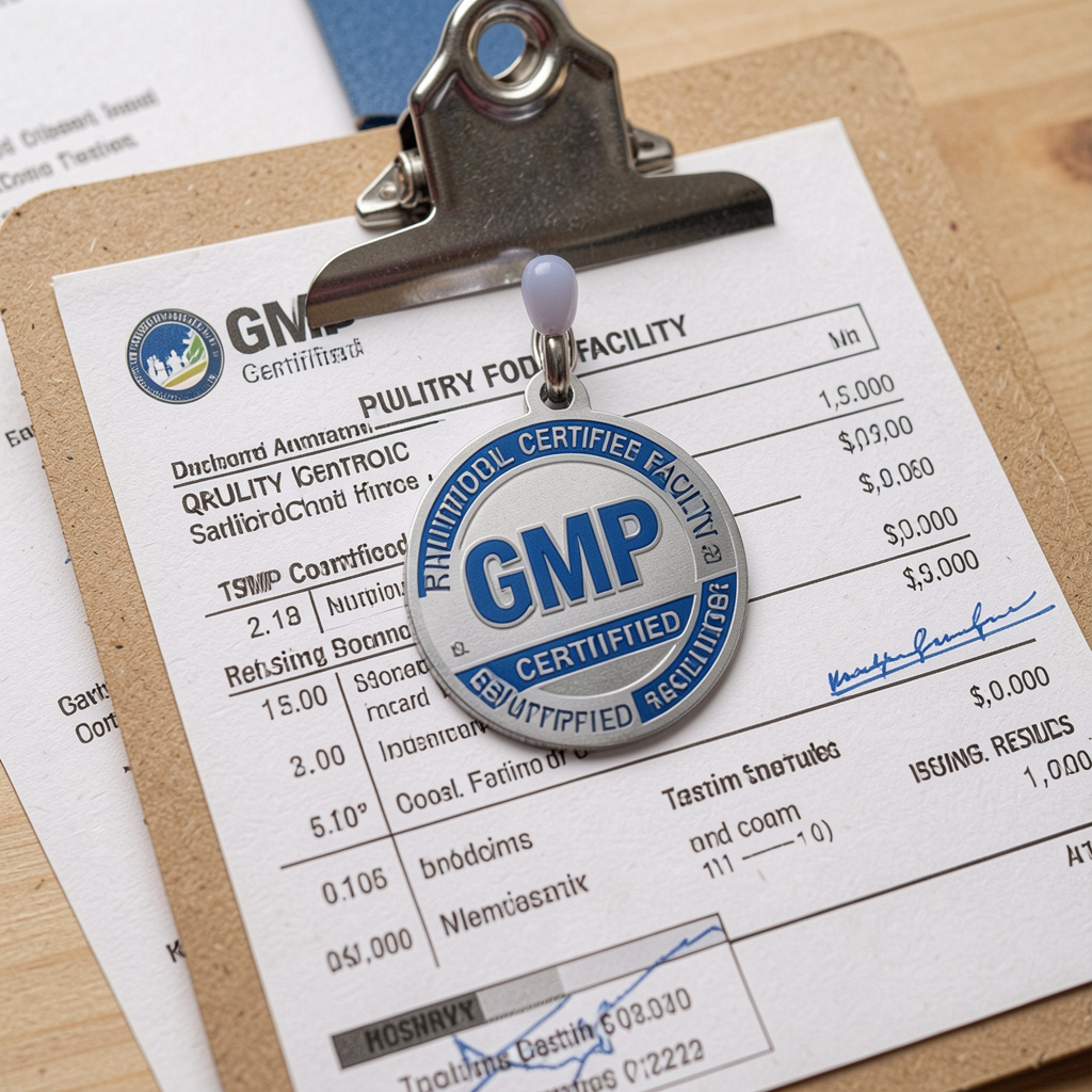 GMP certified facility badge with quality control documentation and testing results